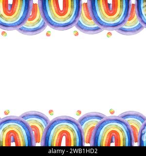 Aquarell handgezeichnete Regenbogen-Illustration. Nahtloser Rahmen. Perfekt für kreativen Geburtstag, Stolz-LGBT-Party, Banner, Textilien, Verpackung Stockfoto
