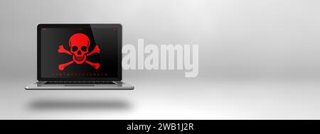 Laptop mit Piratensymbol auf dem Bildschirm. Hacking- und Virenkonzept. 3D-Abbildung isoliert auf weißem Hintergrund. Horizontales Banner Stockfoto