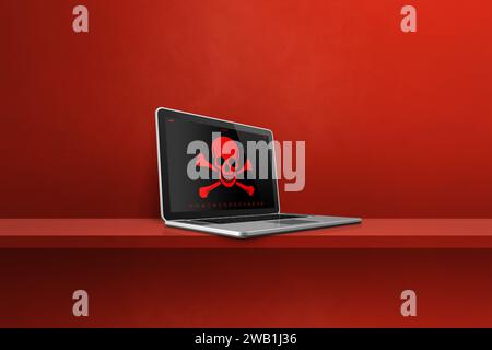 Laptop in einem Regal mit Piratensymbol auf dem Bildschirm. Hacking- und Virenkonzept. 3D-Abbildung isoliert auf rotem Hintergrund Stockfoto