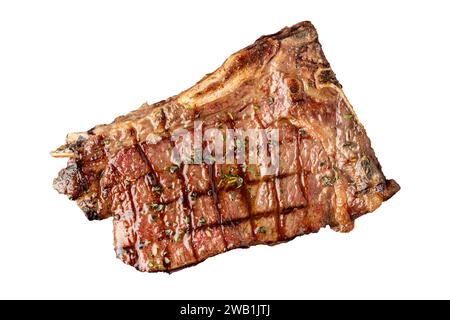 Blick von oben auf den New York Strip Loin auf weißem Hintergrund Stockfoto