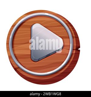 Hölzerne Kreisplatte mit Metallrand Spielknopf, Rahmen im Zeichentrickstil isoliert auf weißem Hintergrund. Schilderleiste, Menüvorlage, Hintergrund der Spiel-ui. Vektorabbildung Stock Vektor