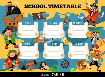 Pirates Kids Planer. Lustiger Schulplan. Wöchentlicher Zeitplan mit Seeräubern. Kapitän des Segelbootes. Seeleute und Korsair-Schiff. Filibuster Crossbone Stock Vektor