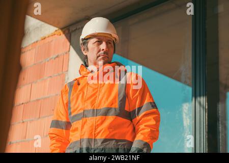 Bauingenieur bei der Baustelleninspektion, selektiver Fokus Stockfoto