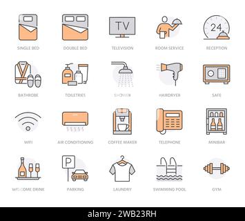 Hotelzimmereinrichtungen Flachbild-Symbole gesetzt. Doppelbett, Rezeption, Zimmerservice, Bademantel, Hausschuhe, Safe, Minibar-Vektorgrafiken. Umrissschilder Stock Vektor