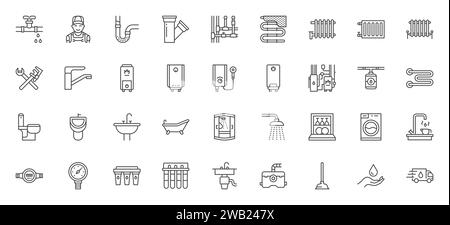 Symbolgruppe für Leitungen. Kolben, Geschirrspüler, Rohrleitung, Badewanne, Wasserhahn, Waschbecken, Fußbodenheizung, Pissoir Minimal Vektor Illustrationen. Einfache Gliederung Stock Vektor