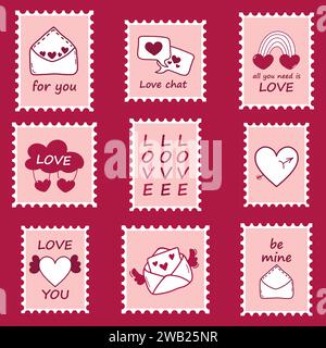 Rosafarbene und rote Postkarten und Briefmarken für verliebte Paare Stock Vektor
