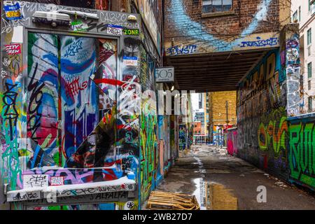 Die Graffiti Alley, auch bekannt als Rush Lane, ist ein verstecktes Juwel im Modeviertel von Toronto. Es ist eine enge Gasse, die von farbenfrohen Wandmalereien und Straßen gesäumt ist Stockfoto