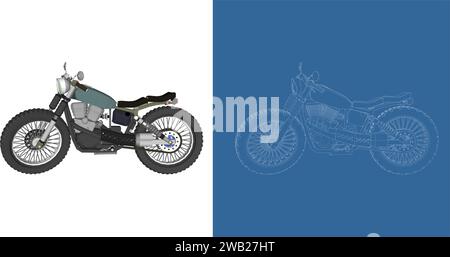 Retro-Tracker klassisches Motorrad Drahtmodell Blaudruck Vektor Illustration Stock Vektor