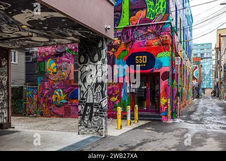 Die Graffiti Alley, auch bekannt als Rush Lane, ist ein verstecktes Juwel im Modeviertel von Toronto. Es ist eine enge Gasse, die von farbenfrohen Wandmalereien und Straßen gesäumt ist Stockfoto