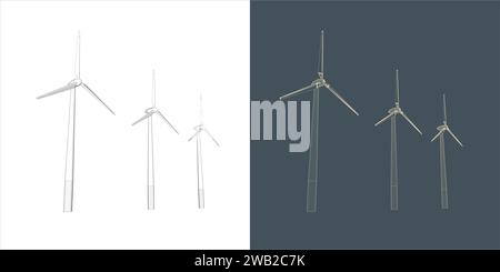 Windmühle Windturbinenlinie Drahtrahmenstil. Alternativer erneuerbarer Stromerzeuger mit grüner Energie Stock Vektor