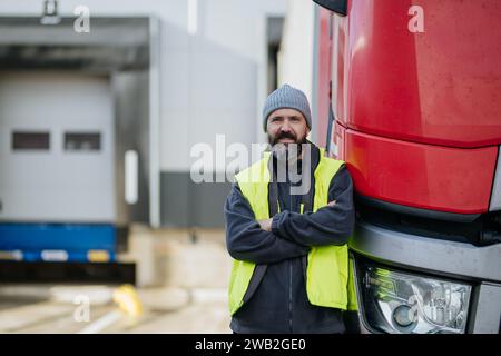 Lkw-Fahrer steht mit überkreuzten Armen und lehnt sich auf den roten Lkw und blickt in die Kamera. Stockfoto