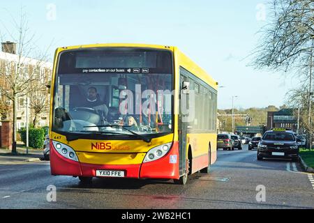 Eindecker gelbe und rote NIBS-Busse ein Transportunternehmen betreibt lokale Busrouten in Essex. Sehen Sie Fahrer und Frau Beifahrer Frontscheibe Essex England Großbritannien Stockfoto