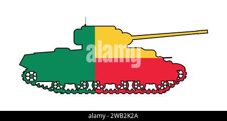 Eine Umrisssilhouette eines typischen Kampfpanzers, der die Symbole der Beniner Flagge und Farben auf weißem Hintergrund zeigt Stock Vektor