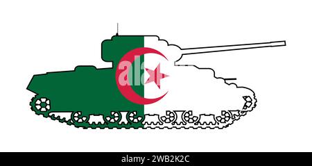 Eine Umrisssilhouette eines typischen Kampfpanzers, der die Symbole der algerischen Flagge und Farben auf weißem Hintergrund zeigt Stock Vektor