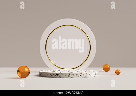 Leeres rundes Podium oder Podest aus weißem strukturiertem Stein mit goldenem Kreis und weißem Milchglashintergrund. Modell für Produktanzeige oder -Präsentation. Stockfoto