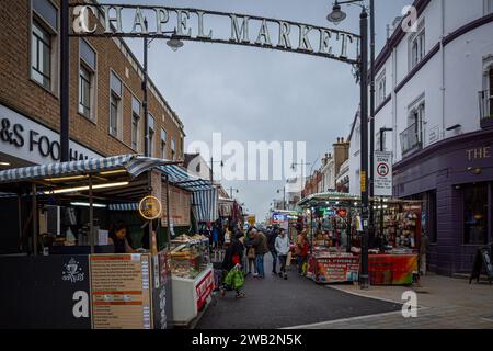 Chapel Market Islington London – traditioneller Straßenmarkt in Islington North London, gegründet 1879. Chapel Market Angel Islington. Stockfoto