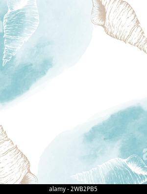 Meer Ozean Aquarellhintergrund mit Umrissen von Muscheln am Ufer, Vorlage für Inschrift, Sommerposter. Vektorabbildung Stock Vektor