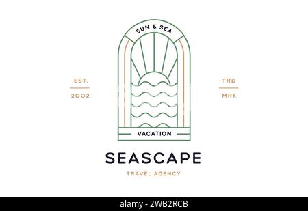 Sea Sun Travel Seascape Label. Minimalistische Strichart-Logo-Vorlage. Einfaches, modernes Design mit grafischem Seebliesen-Logo. Symbol Linie Symbol Meer Sonne Reise Seeblick Zeichen. Vektorabbildung Stock Vektor