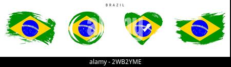 Brasilianisches handgezeichnetes Flaggenset im Grunge-Stil. Brasilianisches Banner in offiziellen Farben. Freier Pinsel, Kontur, Kreis- und Herzform. Flachvektorillus Stock Vektor
