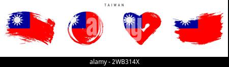 Taiwan Hand gezeichnet Grunge Stil Flag Symbol Set. Taiwanesisches Banner in offiziellen Farben. Freier Pinsel, Kontur, Kreis- und Herzform. Flachvektorillus Stock Vektor