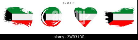 Kuwait handgezeichnete Flaggen im Grunge-Stil. Kuwaitisches Banner in offiziellen Farben. Freier Pinsel, Kontur, Kreis- und Herzform. Flachvektorillustr Stock Vektor