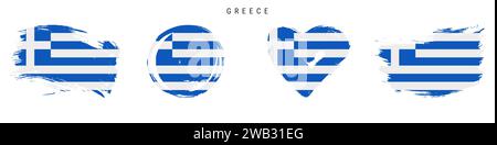 Griechenland handgezeichnetes Flaggenset im Grunge-Stil. Griechisches Banner in offiziellen Farben. Freier Pinsel, Kontur, Kreis- und Herzform. Flachvektorillustrat Stock Vektor