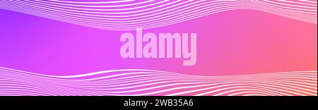 Abstrakte weiße Wellenlinien auf rosa violettem Verlaufshintergrund. Breites Banner mit geschwungenen, flüssigen Streifen. Gewelltes Hintergrundbild für Fußzeile, Poster, Broschüre, Website, Cover, Header, Flyer. Fußzeilenvektor Stock Vektor