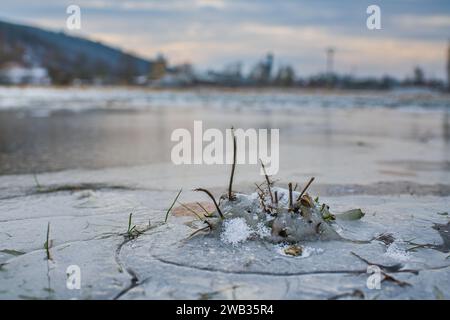 Ein gefrorenes Feld in Tetcice, Region Brünn, Tschechische Republik, 8. Januar 2024. Das aktuelle Frostwetter kann in einigen Gebieten zu Schäden an Winterfrüchten führen. (C Stockfoto