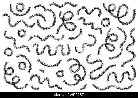 Gewellte und wirbelte Pinselstriche malen Vektor-Satz von Hand gezeichneten gekrümmten Linien mit Grunge-Effekt. Chaotische Pinsel mit strukturiertem Dekor. Unordentliches Doodl Stock Vektor