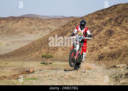 14 BÜHLER Sebastian (ger), Hero Motorsports Team Rally, Hero, Motul, Moto, FIM W2RC, Aktion während der dritten Etappe der Dakar 2024 am 8. Januar 2024 zwischen Al Duwadimi und Al Salamiya, Saudi-Arabien Stockfoto