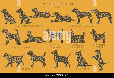 Der Hund züchtet Silhouetten mit Schriftzug, schlichtem Clipart. Jagdhunde, Terrierhunde Sammlung. Vektorabbildung Stock Vektor