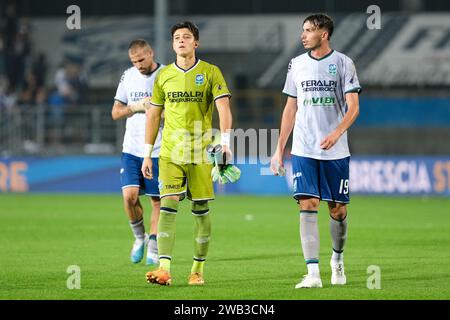 Semuel Pizzignacco von Feralpisal˜ und Alessandro Pilati von Feralpisal˜ während des italienischen Fußball-Meisterschaftsspiels der Serie B zwischen Brescia Calcio und der italienischen Fußballmeisterschaft Stockfoto