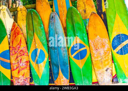 Bunte Surfbretter Mit Brasilianischer Flagge Am Atemberaubenden Mangrove Beach Und Pouso Beach Auf Der Großen Tropischen Insel Ilha Grande Rio De Janeiro Brasilien. Stockfoto