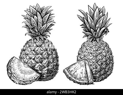 Ananas und Stück isoliert auf weißem Hintergrund. Tropische Sommerfrüchte. Handgezeichnete Zeichnung Stock Vektor