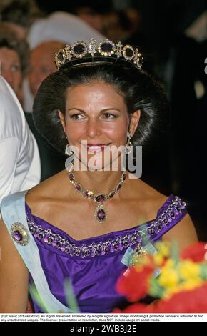 Königin Silvia von Schweden. Ehefrau des heutigen schwedischen Königs Carl XVI. Gustaf. 1986 in einem Diadem abgebildet. Stockfoto