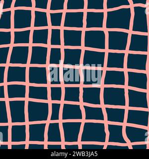 Handgezeichnetes blaues Karomuster. Überprüfen Sie, quadratischer Hintergrund. Freihändiges Raster für Liniengrafiken. Pinselstrich mit rosafarbenen Streifen. Textur Des Notebooks. Abstrakt Stock Vektor