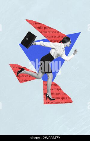 Vertikale Foto-Collage der funky Geschäftsfrau halten Aktentasche laufen schnell motiviertes Ziel spät für die Arbeit energiegeladen vor kreativem Hintergrund Stockfoto