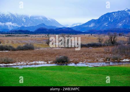 DEU, Deutschland, Bayern, Murnau, 13.12.2023: Blick nach Süden über das Naturschutzgebiet Murnauer Moos in Oberbayern *** DEU, Germany, Bavaria, Murnau, 13 12 2023 Blick nach Süden über das Naturschutzgebiet Murnauer Moos in Oberbayern Stockfoto
