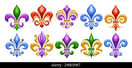 Vektor Fleur de Lis Set, horizontales Banner mit Sammlung von 10 ausgeschnittenen Illustrationen von verschiedenen bunten Fleur de Lis Lilien Blumen, Gruppe von vielen Stock Vektor