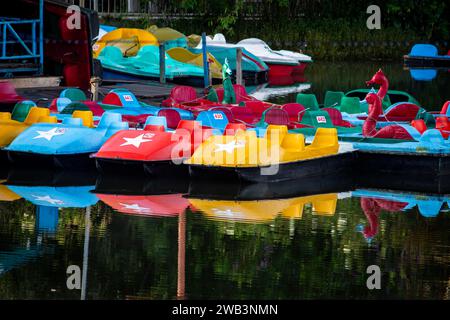 Die Boote wurden ordentlich gestapelt, bevor sie für den Betrieb im Bootshaus Kodaikanal geöffnet wurden. Stockfoto