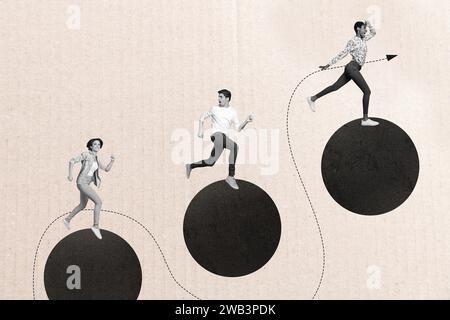 Kreatives Collage-Bildbanner mit geometrischen Kreisen einfache Figuren Läufer auf dem Weg zum Zielerfolg erreichen das Ziel Stockfoto