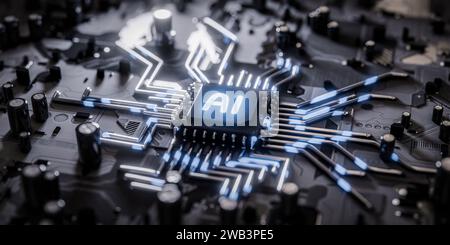AI-Prozessor auf der Hauptplatine eines elektronischen Bauteils. Konzept von Geräten mit künstlicher Intelligenz. 3D-Bild rendern. Stockfoto