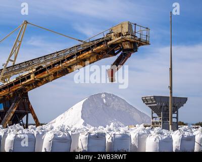 Das neu hergestellte Salz aus den Salinen in Aigues Mortes, Frankreich, das Säcke mit Salz füllt und für den Transport vorbereitet Stockfoto