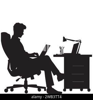 Mann arbeitet an Computer Silhouette Vektor Illustration Stock Vektor