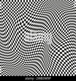 Nahtloses Karomuster. Verzerrtes optisches Illusionsbanner. OP Art Karomuster mit geschwungenem Muster. Stock Vektor