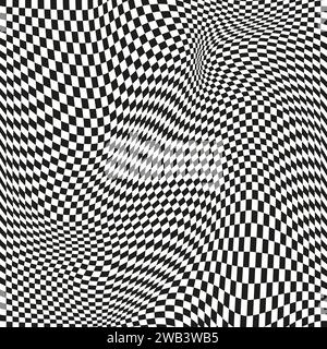 Nahtloses Karomuster. Verzerrtes optisches Illusionsbanner. OP Art Karomuster mit geschwungenem Muster. Stock Vektor