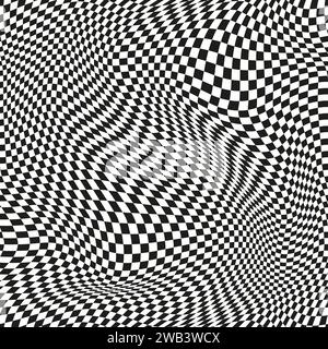 Nahtloses Karomuster. Verzerrtes optisches Illusionsbanner. OP Art Karomuster mit geschwungenem Muster. Stock Vektor