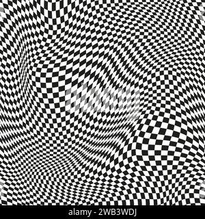 Nahtloses Karomuster. Verzerrtes optisches Illusionsbanner. OP Art Karomuster mit geschwungenem Muster. Stock Vektor