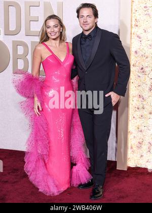 BEVERLY HILLS, LOS ANGELES, KALIFORNIEN, USA - 07. JANUAR: Margot Robbie und Ehemann Tom Ackerley kommen zu den 81. Jährlichen Golden Globe Awards, die am 7. Januar 2024 im Beverly Hilton Hotel in Beverly Hills, Los Angeles, Kalifornien, USA, stattfinden. (Foto: Xavier Collin/Image Press Agency) Stockfoto