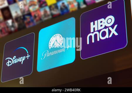 Brasilien. Januar 2024. In dieser Fotoabbildung wird das Disney Plus-, Paramount Plus- und HBO Max-Logo auf einem Fernsehbildschirm angezeigt. (Foto von Rafael Henrique/SOPA Images/SIPA USA) *** ausschließlich für redaktionelle Nachrichten *** Credit: SIPA USA/Alamy Live News Stockfoto